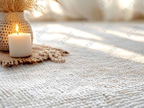** An image depicting a calming scene with a light-colored knitted surface covering most of the view. On top of the surface, there is a lit candle placed on a round woven base, accompanied by a woven vase holding dried grasses. White beads resembling a prayer bead string are visible in the background.\r\n\r\n**