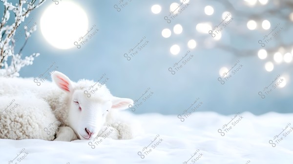 A picture of a white lamb peacefully sleeping on the snow. It is surrounded by a serene atmosphere with touches of nature, featuring a tree branch with white buds on the left. In the background, the moon shines brightly against a blue sky with scattered glowing dots, creating a wintry and enchanting scene.