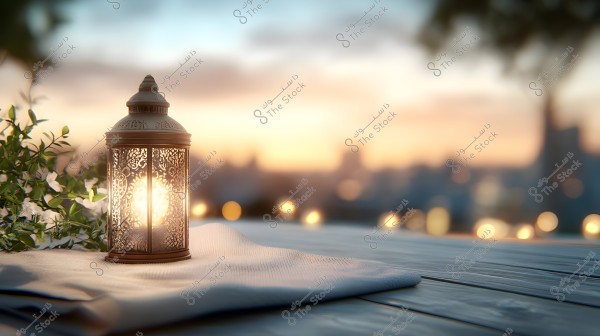 A traditional lantern glowing on a wooden table adorned with a white cloth and green flowers. The background shows a sunset scene with distant city lights and a soft glow.