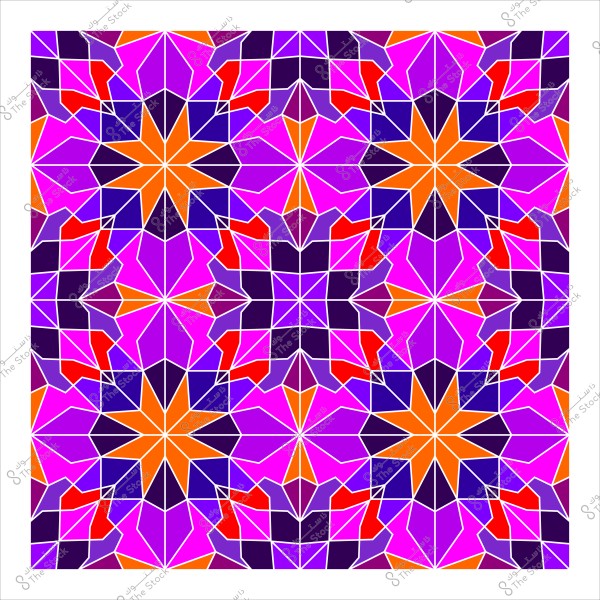 نقش هندسي مزخرف يظهر نمطاً متكررًا بألوان زاهية تشمل البرتقالي والأحمر والبنفسجي والوردي. التصميم يتكون من أشكال نجمية وعناصر هندسية متناظرة تملأ الصورة بالكامل.

-