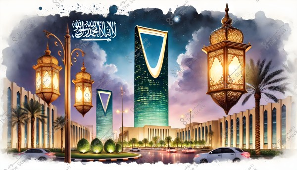 An artistic depiction of a nighttime scene in Riyadh, Saudi Arabia, featuring the iconic Kingdom Tower illuminated in blue and green hues. The tower is surrounded by palm trees and a series of modern buildings. In the foreground, traditional gold lanterns are lit, illuminating the scene. The sky is partially cloudy with an Arabic calligraphy inscription reading \"There is no god but Allah, Muhammad is the Messenger of Allah.\"