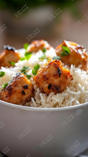 A bowl of white rice served in a deep white bowl, topped with golden-brown grilled chicken pieces, garnished with fresh parsley leaves. The focus is on the juicy grilled chicken and the fluffy texture of the rice.