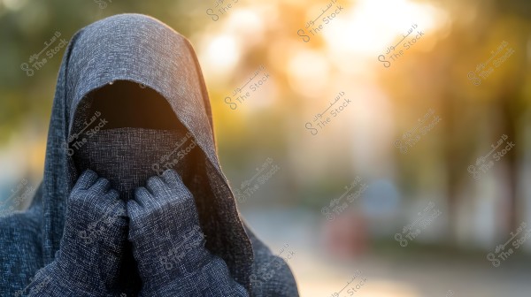** An image depicting a person dressed in clothing that covers the entire body and face, possibly from traditional Middle Eastern or North African culture. The person is in the foreground, and the background is blurred with soft sunlight.\r\n\r\n**