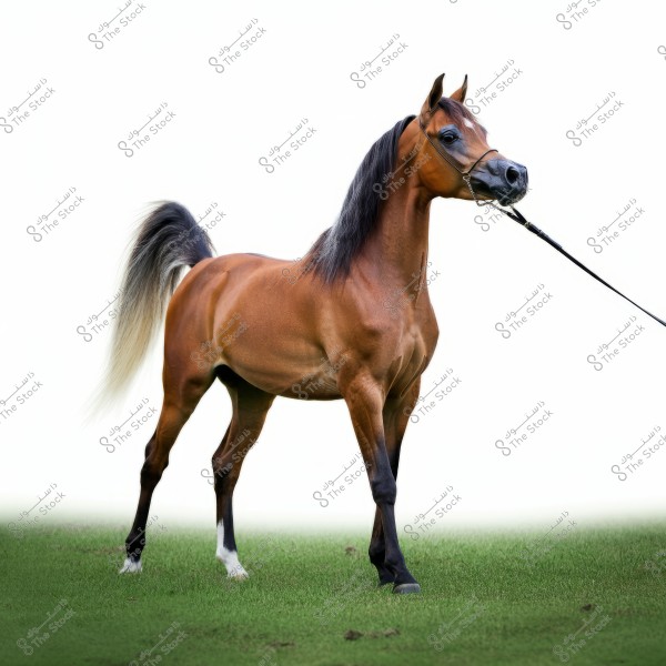 Image of a bay Arabian horse standing on green grass. The horse is characterized by its high head and long, thick tail. The glossy brown color of the horse\'s body contrasts beautifully with the surrounding green grass, and the horse is shown being held by a thin bridle.