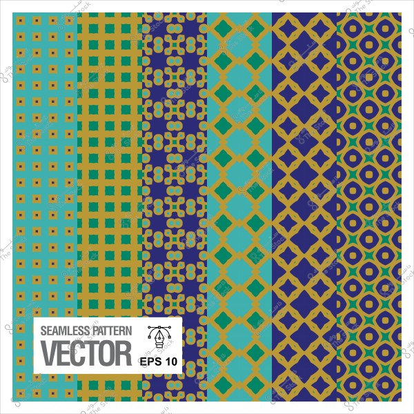 أنماط زخرفية ملونة تتكون من شبكة مربعات وخطوط دائرية متكررة بألوان الأزرق والأخضر والأصفر.