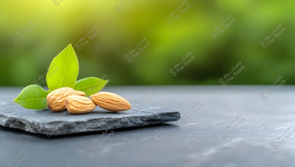 A close-up image of four almonds placed on a dark black stone. Bright green leaves are behind the almonds. The background is blurred with shades of light green, highlighting a natural and organic theme.