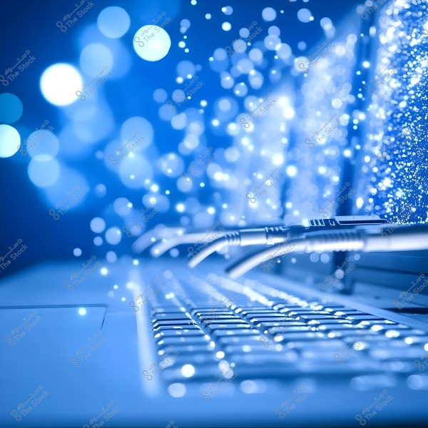 Image showing a laptop keyboard connected with several network cables. The background is blurred and filled with bright blue light, giving a sense of digital technology and fast internet connectivity.