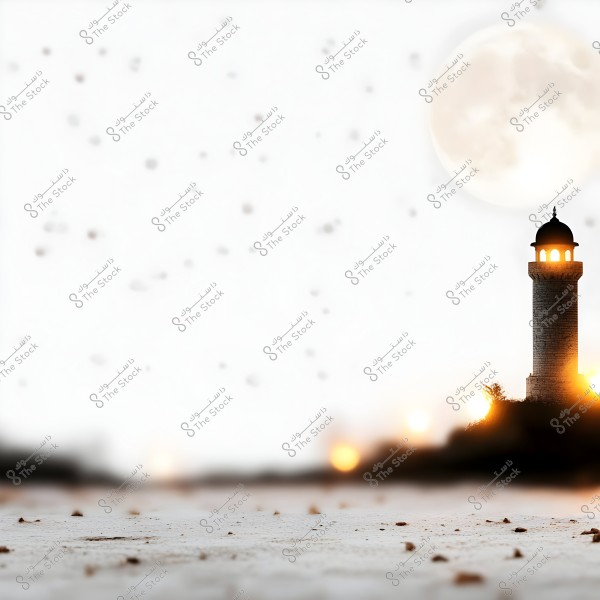 An image showcasing a natural scene featuring a bright sky with a full moon in the background. On the right side is a tower with an Islamic minaret design. The ground in front of the tower is covered with a layer of sand or small pebbles, and the sky is speckled with glowing dots.