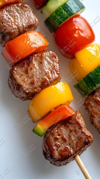 Image of two skewers of shish kebab containing grilled meat cubes interspersed with colorful vegetable slices, such as tomatoes, red and yellow bell peppers, and zucchini. The kebabs are placed on wooden skewers and appear vibrant against a white background.
