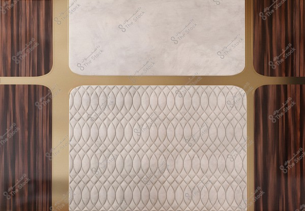Wall design consisting of four rectangular units. The top unit features a smooth, light beige surface. The bottom unit has a textured pattern of repeating oval shapes. The side units have a dark wood color, with elegant gold frames separating the segments.