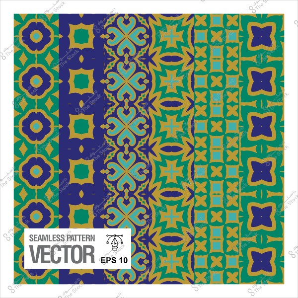 نمط متكرر مزخرف بألوان الأزرق والأخضر والذهبي, يحتوي على تصميمات هندسية متنوعة وبنية متناسقة.