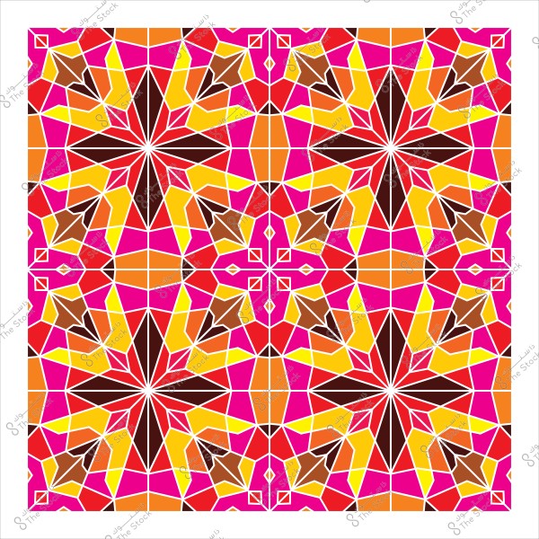 A colorful geometric pattern featuring interlocking star shapes in brown, red, orange, and pink.
