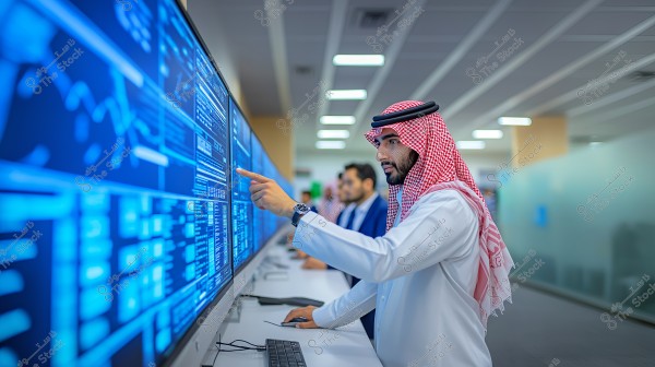 A man wearing a white thobe and red checkered headscarf with an agal stands in front of modern screens displaying electronic data and graphs in an operations center. He is pointing at the screen with his finger, and several people are working in the background.