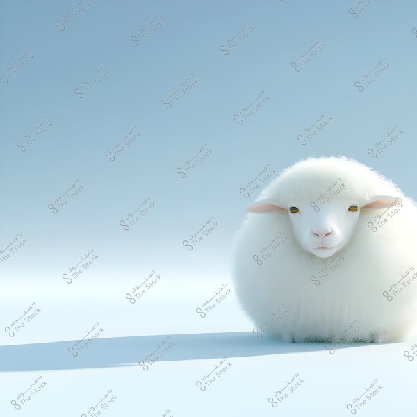 An image of a small white lamb full of wool, sitting on a light blue background. The lamb has soft, dense, circular-shaped wool, with part of its shadow visible on the ground.