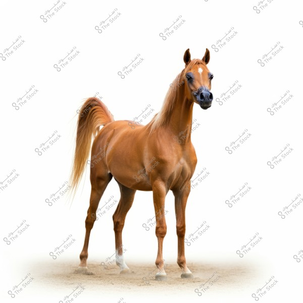 An image of a purebred Arabian horse with a shiny brown coat set against a white background. The horse is standing on sand, highlighting its beauty and strong muscles. The horse has a distinctive white mark on its forehead and a long tail.