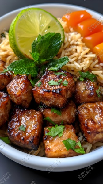 An image of a dish featuring marinated grilled meat cubes topped with fresh parsley, accompanied by white rice garnished with orange carrot slices, green mint leaves, and a slice of fresh green lime.