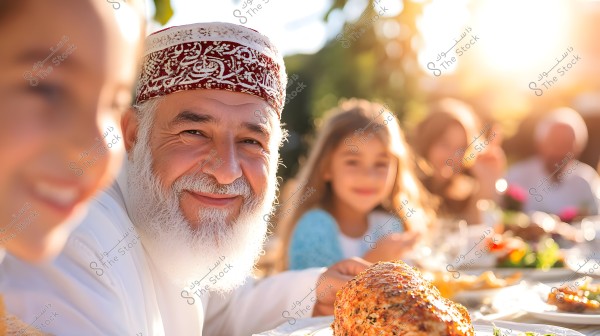 صورة لرجل مسن يرتدي قبعة تقليدية مزخرفة جالسًا على مائدة طعام في الهواء الطلق. يبدو سعيدًا ومبتسمًا, ويحيط به أفراد عائلة غير واضحة تظهر في الخلفية, من بينهم فتاة صغيرة. الطعام على الطاولة يبدو شهيًا, تحت إضاءة شمسية دافئة.