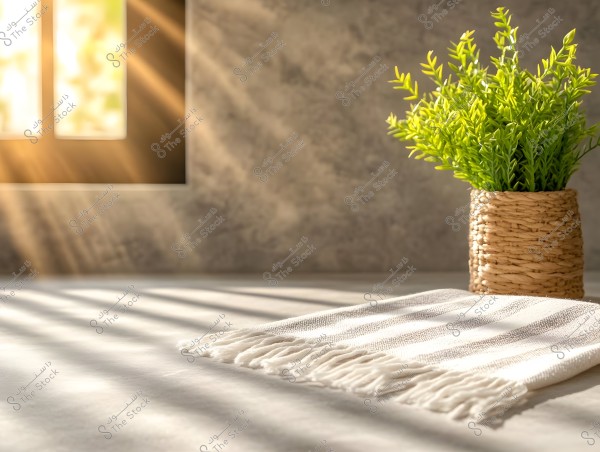 The image shows a woven basket containing green plants placed on a flat surface. Sunlight streams through a window on the left, casting long shadows on the surface. In the foreground, there is a white fabric with tassels.