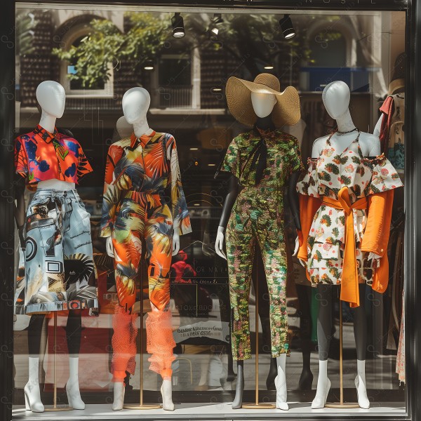 A store window displaying four contemporary and trendy women's outfits on mannequins, each outfit featuring bold and innovative patterns and colors. This image was generated by artificial intelligence.