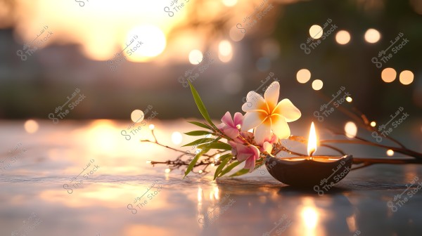 شمعة مضاءة في حامل صغير بجانب زهور بيضاء ووردية وأغصان بأوراق خضراء, موضوعة على سطح لامع تعكس أضواء البوكيه, والخلفية ضبابية تظهر غروب الشمس الذهبي.
