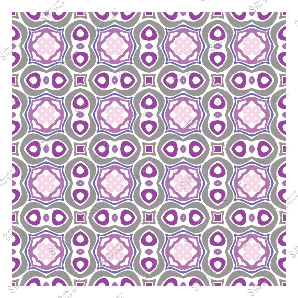 نمط زخرفي يحتوي على أشكال هندسية بألوان بنفسجية ووردية وخضراء على خلفية بيضاء.