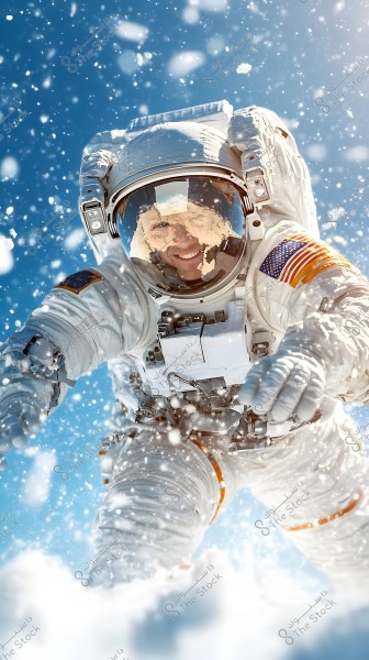 An astronaut wearing a white space suit is smiling in an image set in outer space. The suit features a United States flag patch on the astronaut\'s left shoulder. The background includes swirling snow and a deep blue sky.