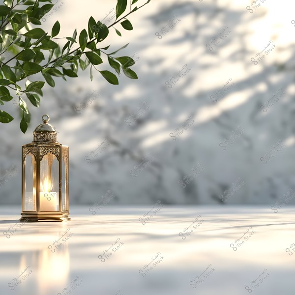 A delicately designed golden lantern with an illuminated candle inside rests on a shiny marble surface. In the background, there is a branch with green leaves casting distinct shadows on the white marble wall, reflecting its soft light.