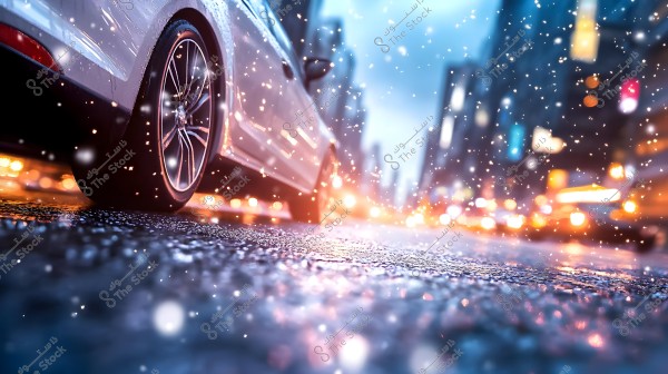 A close-up shot of a white car on a wet road in a city illuminated with colorful lights, showcasing falling snowflakes prominently. The front wheel of the car is prominent, with a blurred background of buildings and lights, adding a dynamic touch to the scene.