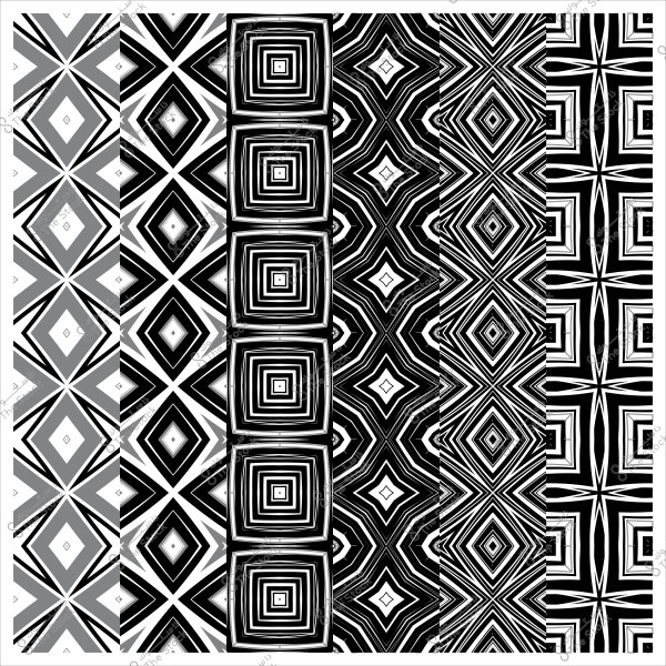 أنماط هندسية متكررة بالأبيض والأسود بخطوط وأشكال متعددة تعطي تأثير ثلاثي الأبعاد.