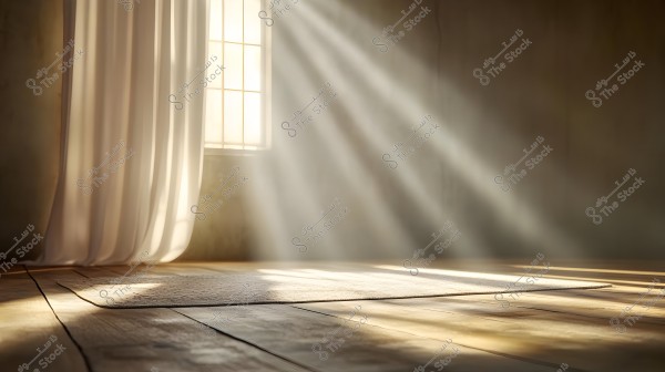 Image of a room illuminated by sunlight streaming through a large window with sheer white curtains. The light beams spread across the wooden floor, creating a beautiful pattern of light and shadow.