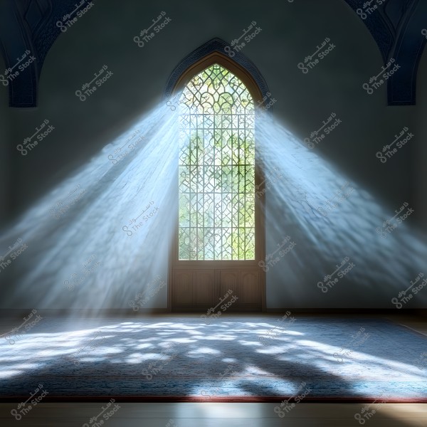 An arched, ornate window lets sunlight stream into a serene room, casting reflections on a carpeted floor. The sunlight filters through stained glass, creating beautiful patterns on the walls and rug.