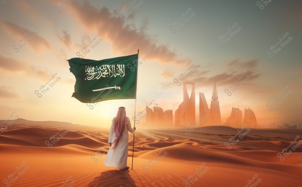 An image of a man wearing a white thobe and a red ghutra standing in the desert holding the flag of Saudi Arabia. A modern cityscape with a bright sky and sunrise can be seen in the background, possibly indicating Riyadh, the capital of Saudi Arabia.