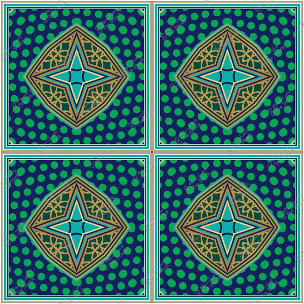 نمط فني هندسي بأشكال نجمية وزخارف على خلفية بنقاط خضراء وزرقاء.