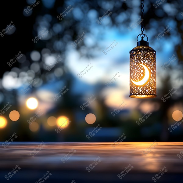 A hanging metal lantern with an illuminated crescent moon design, glowing against a sunset backdrop. The blurred background includes circular bokeh lights and a sky with gradient colors of purple, orange, and blue, adding a sense of tranquility and beauty.