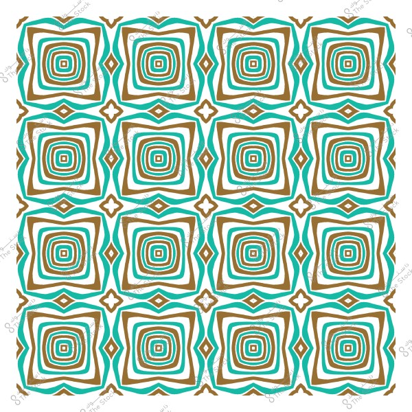 Repeating geometric pattern in brown and turquoise blue on a white background.