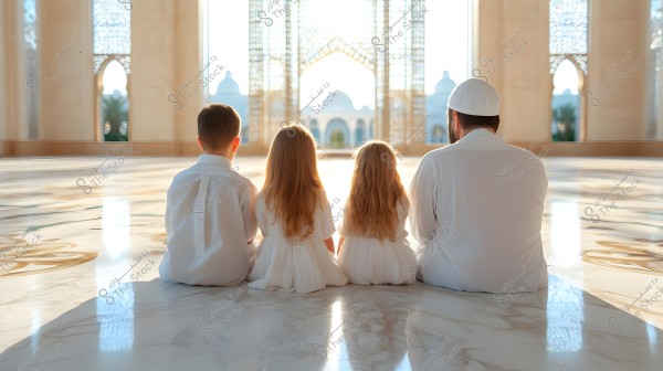 The image shows four people sitting on the floor inside a large, ornate mosque. The adult is wearing a white robe and a white cap, while the two children and one girl sitting beside him are dressed in similar white clothing. The background features decorated columns and arches with large windows allowing natural light to enter.