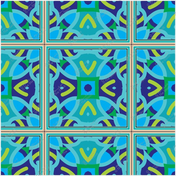 نمط زخرفي متماثل بألوان زرقاء وخضراء وصفراء يتكرر في مربعات بتوزيع هندسي دقيق.