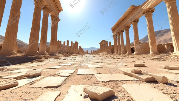 An image of an ancient archaeological city featuring massive stone columns arranged in rows. The ground is covered with stone slabs and some debris. The sun shines brightly in the clear sky, with mountains visible in the background on either side of the city.