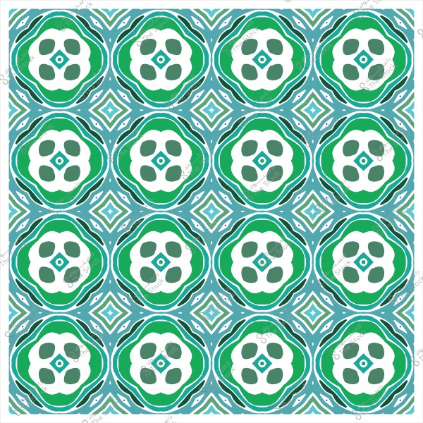 نمط زخرفي متماثل بألوان خضراء وزرقاء وبيضاء يتكرر في مربعات متناسقة.