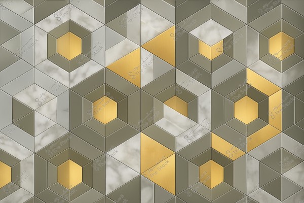 A geometric pattern design featuring hexagonal tiles and 3D shapes in golden, grey, and marble colors. The design showcases a modern and intricate appearance where the shapes are arranged in a precise and harmonious layout.