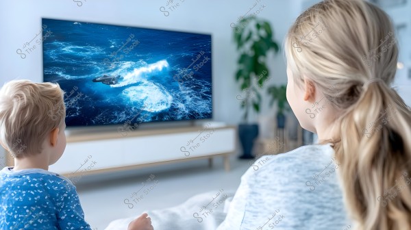A young child and a woman watching television in a bright living room. The TV displays a scene with a sea backdrop and waves with a ship. The child is wearing a blue polka dot sweater, and the woman has blonde hair tied back. The background includes indoor plants and modern furniture.