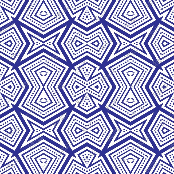 A geometric pattern composed of repeating shapes in blue and white. The shapes consist of consecutive lines forming stars and squares in precise symmetry, creating a unique visual effect.