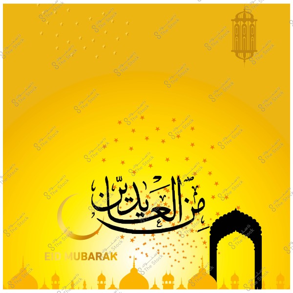Eid greeting design with yellow background, Arabic calligraphy "Eid Mubarak", crescent moon, and mosque silhouette.
