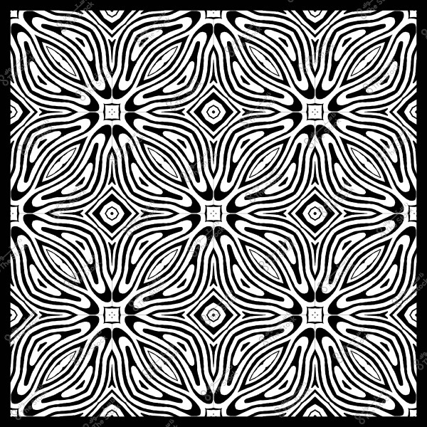 Symmetrical black and white pattern with repeating geometric shapes resembling flowers.