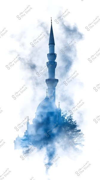 An image of a mosque with a prominent dome and minaret, appearing to be surrounded by clouds or mist. The design features classical architectural details, evoking a serene and enchanting atmosphere through the blend of magnificent architecture and gentle lighting.
