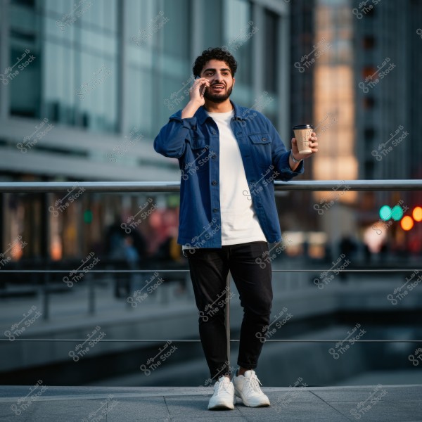 An image of a man standing in an urban area by a railing, holding a coffee cup in his left hand and talking on the phone with his right hand. He is wearing a blue jacket over a white T-shirt, black pants, and white sneakers. The background includes glass buildings and city lights in the evening.