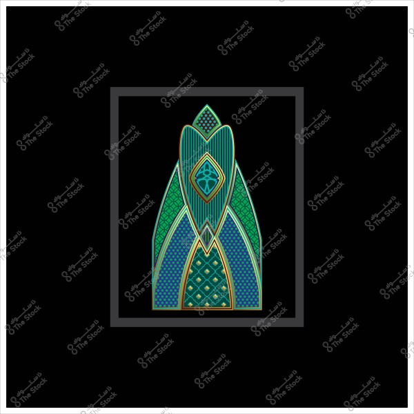 تصميم فني بزخارف هندسية بألوان الأزرق والأخضر والبنفسجي داخل إطار أسود.