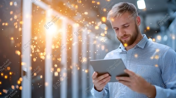 Image of a man with blonde hair and a beard, wearing a light-colored checkered shirt, standing in a modern indoor setting resembling a data center or office. He is holding a tablet with both hands, looking at it intently, with sparkling lights in the background creating a sense of technology and cyberspace.