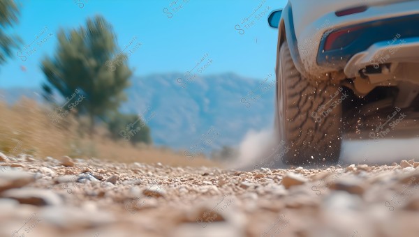 Image of a car driving fast on a rugged road, showing the rear part of the car and its wheels covered with dirt and stones flying from underneath the tires. In the background, mountains are visible under a clear blue sky.
