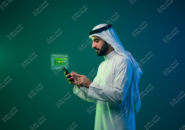 An image of a man wearing traditional Gulf attire, including a thobe, ghutra, and agal. He appears to be from the Gulf region. The man is focused on a mobile phone, with a virtual screen displaying technical details and financial information showing an amount of $1000. The background is dark green, adding a modern and digital touch.